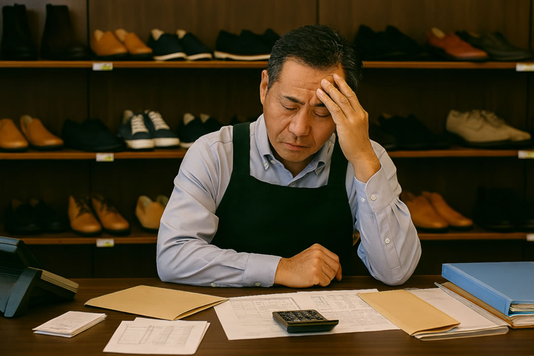 店主が悩みながら出勤している様子（差し替え推奨）